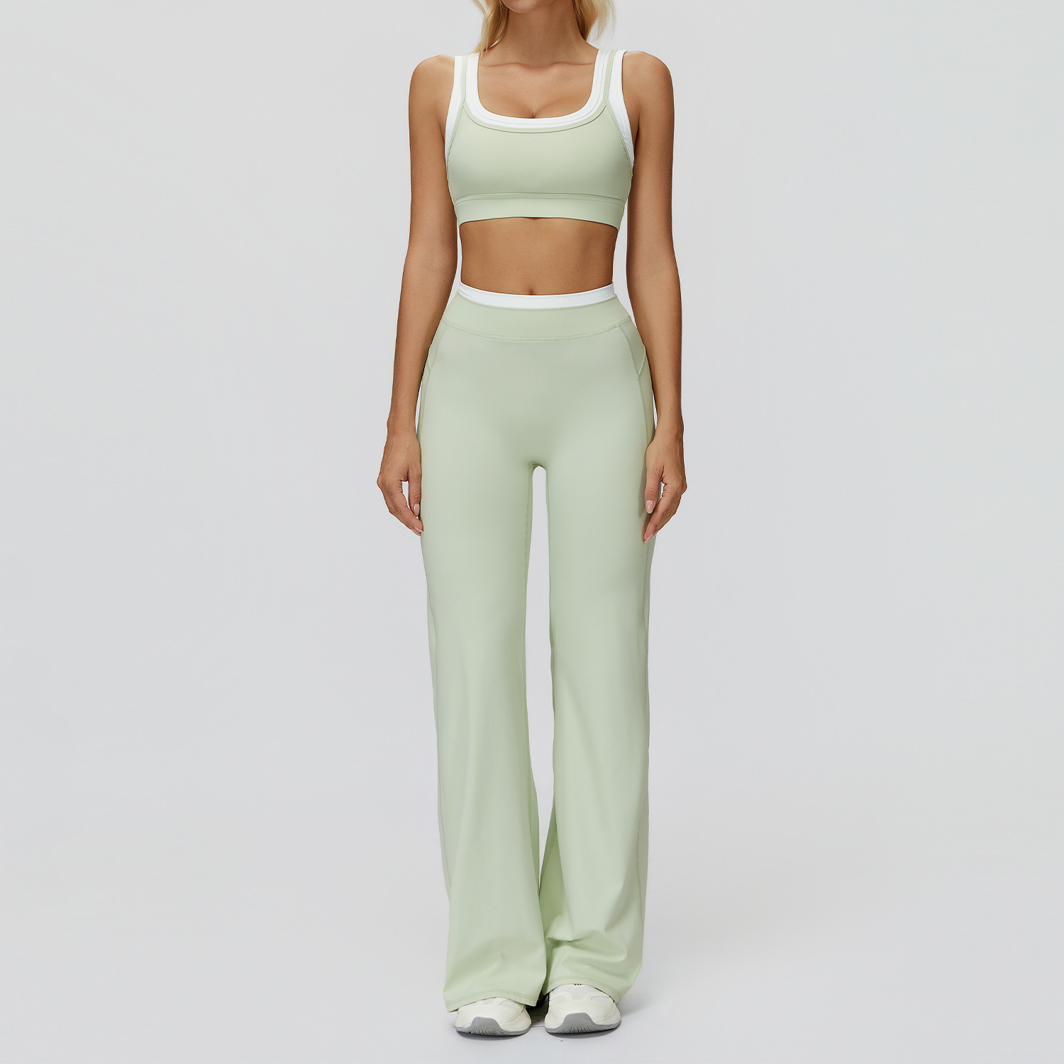 Sage Green Flare Set: High Waist Bell Bottoms & Built-in Bra Tank, Yoga Practice